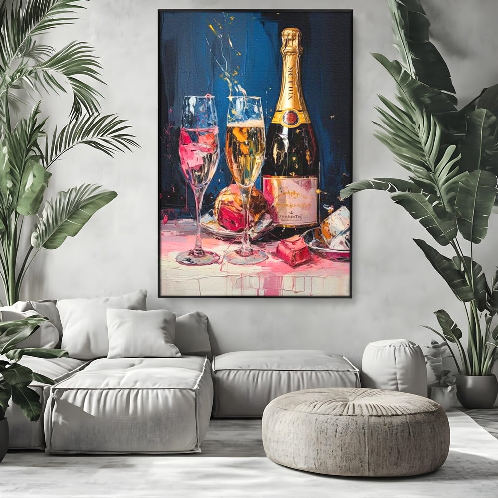 Tablou canvas cu tablou canvas cu sticla de sampanie si pahare, in rama de aluminiu negru, pe perete intr-un living
